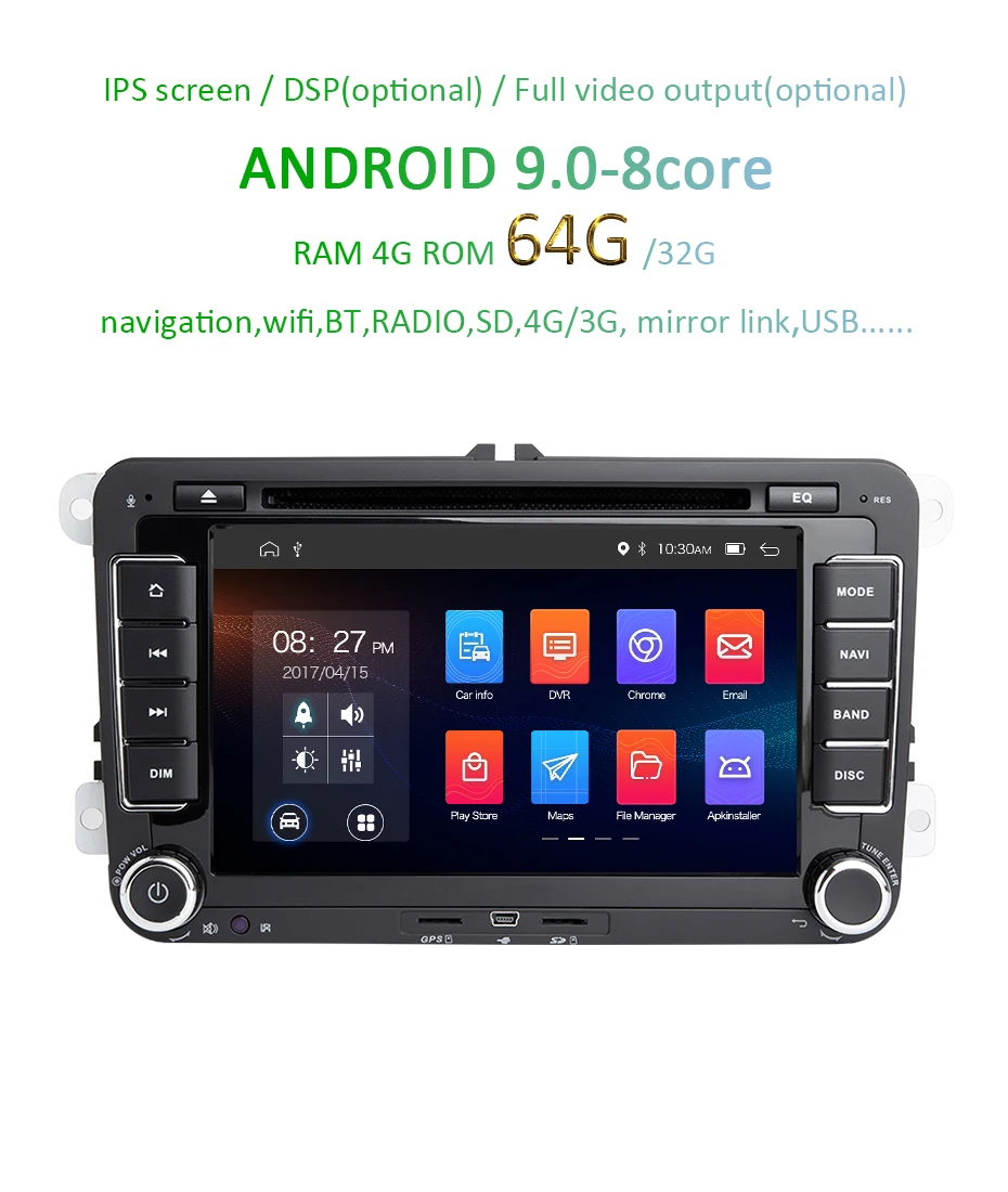 Perfect Android 9.0 DSP IPS 64G 2 DIN DVD For VW PASSAT B6 CC B7 POLO GOLF 5 6 Tiguan Fabia Rapid Seat Altea Toledo Leon GPS Radio 1