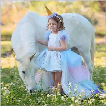 

Long Tail Dress for Girls Tiered Princess Kids Costume Rainbow Removable Train Mesh Party Costume Photography Props Cake Dress
