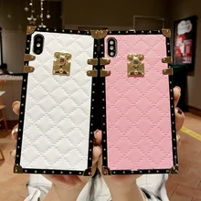 For iPhone 12 11 Pro XS MAX X XR 6S 8 7 Plus Luxury Square Leather Cover For Samsung S21 S9 S10 S20 Plus Note 9 10 20 Ultra Case
