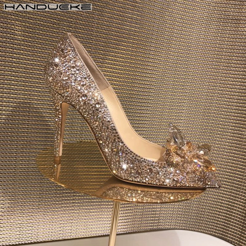 Rose Gold Crystal Covered Pointy Toe Women Pumps Luxury Designer
