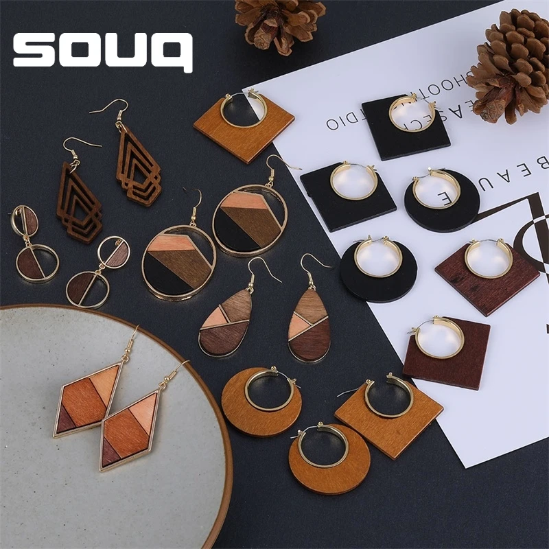 SOUQ винтажные геометрические свисающие серьги из коричневого дерева для женщин