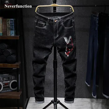

Men Hip hop Chinese wind Lion head embroidery biker Straight jeans Fashion Japanese Slim man cotton Motorcycle Denim Trousers