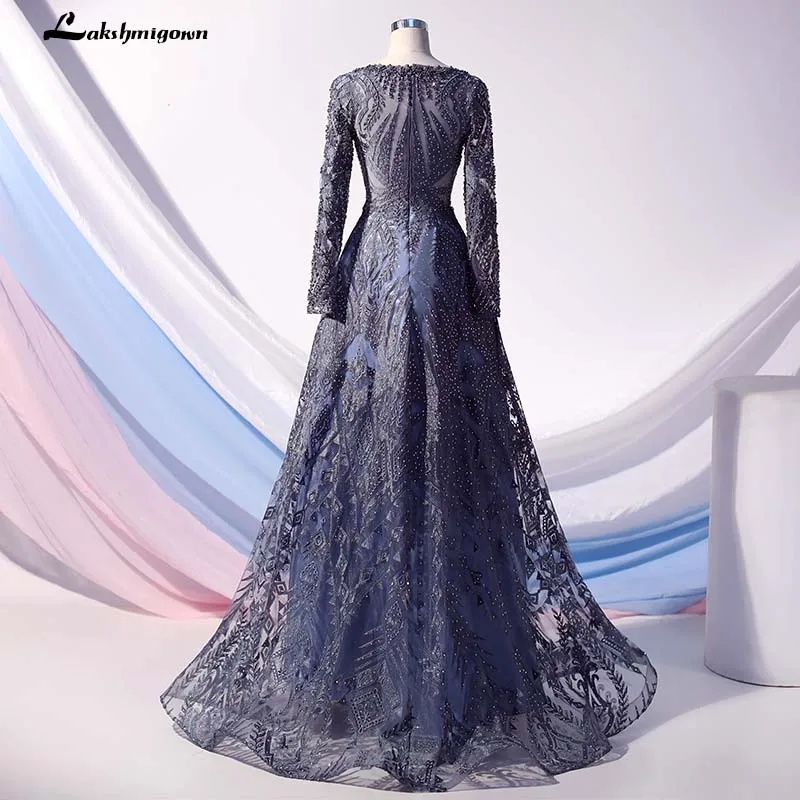 Lakshmigown новые синие серые длинные вечерние платья Дубай А-силуэт вечернее платье с длинным рукавом блестящее бисерное женское официальное вечернее платье
