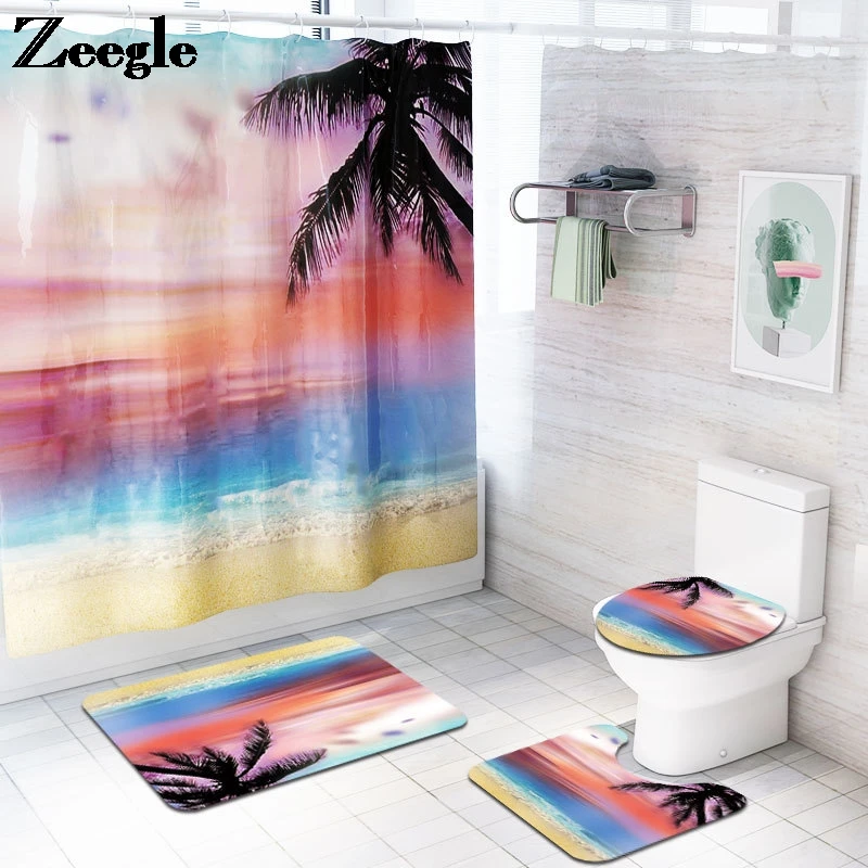 Bathroom Decoration Scenic Printed Bath Mat Shower Room Toilet Rug with Shower Curtain and Hooks Bath Mat and Shower Curtain Set