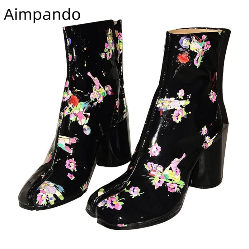 

New Autumn Winter Boots Split Toe Ankle Boots Women Novelty Chunky Round Heel Printed Catwalk Botas Fashion Short Botas Mujer