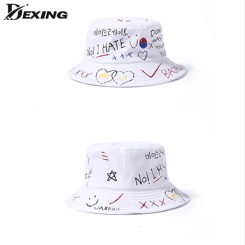 2020 Kids Black White Print Graffiti Fisherman Hat Summer Hip-hop Street Bob Ins Harajuku Bucket Hat for Men Women Panama