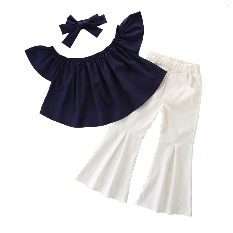 

2019 Trendy Summer Slim Fit Kid Clothes Butterfly Sleeve Vest Bell-bottom Trousers Ropa Kids Sets Girls Clothes Children Outfits