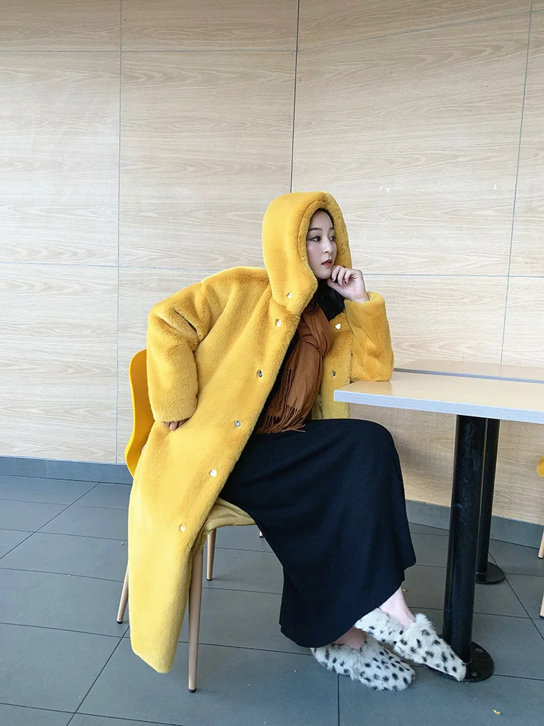 High Quality Women Mid Long Imitation Rabbit Fur Jacket Thick Warm Outerwear Parka Girl's Loose Faux Mink Fur Teddy Hooded Coats