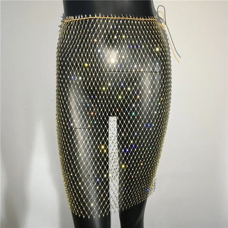 Shiny Rhinestone Fishnet Grid Empire Solid Mini Skirt Summer Beach Sexy Hollow Out Cover Up Luxury Celebrity Above Knee Skirts black midi skirt Skirts