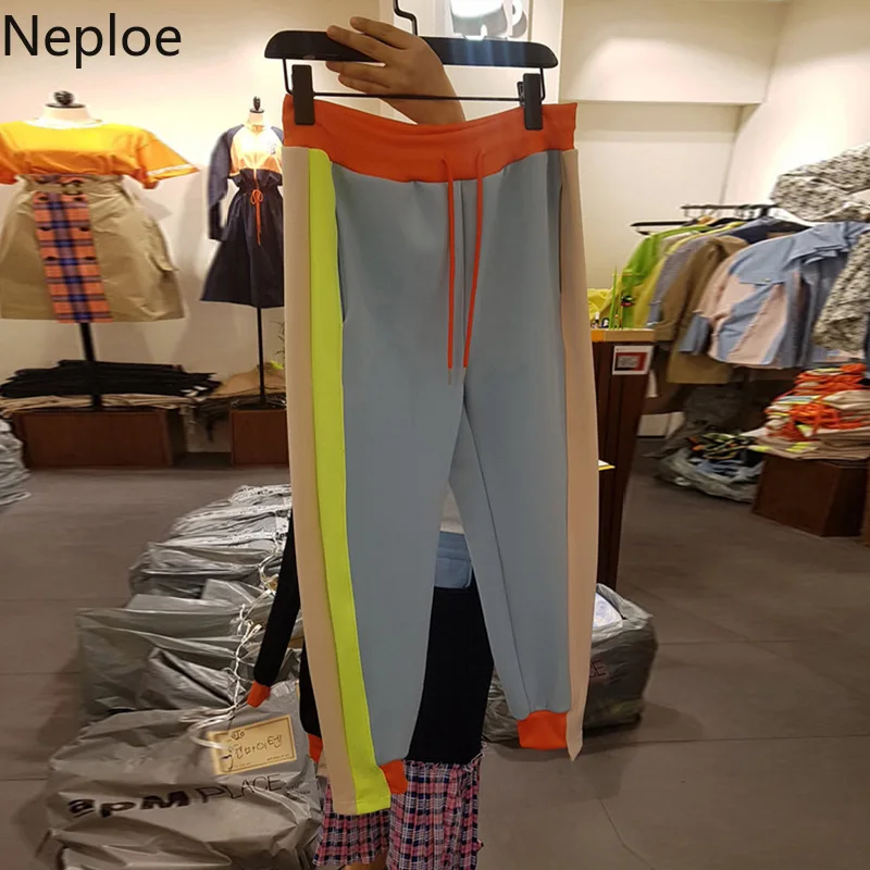 Neploe, контрастные цвета, женские длинные штаны для отдыха, на шнуровке, Стрейчевые брюки с высокой талией, Осенние, шаровары, 56026