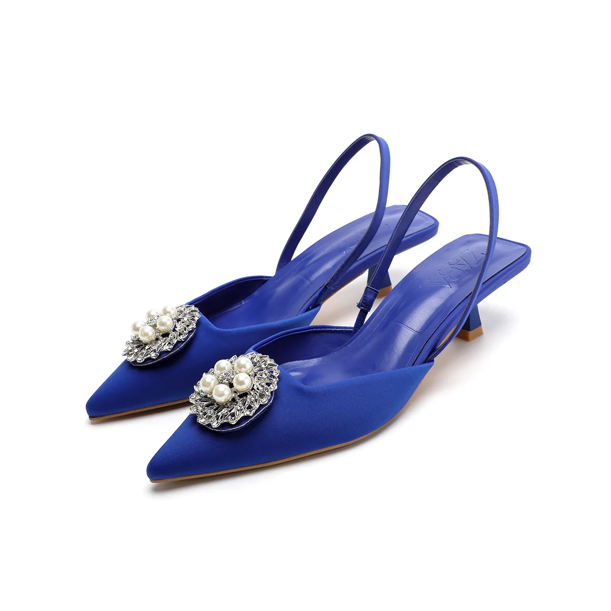 ZA New Women's Shoes Blue Sequined Rhinestone Pointed Toe Low Heel Slingbacks Elegant Pearl Wedding For Female | Обувь