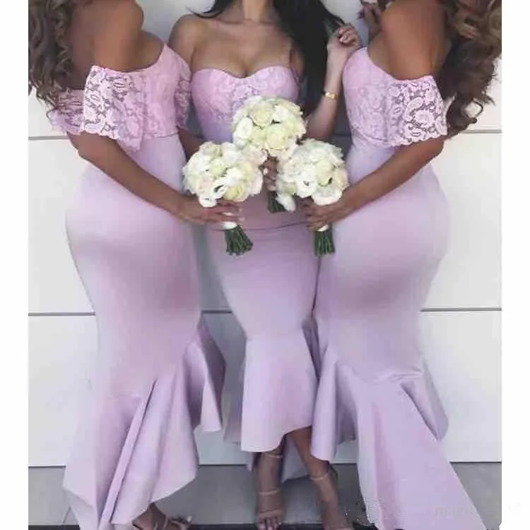 Высокая Низкая 2019 дешевые платья подружки невесты до 50 расклешенное бандо с кружевной длинной свадебной вечеринки платья для женщин