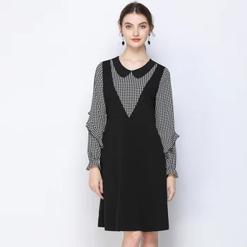 

Autumn Fashion Ladies elegant fake two dress plaid patchwork Long sleeve peter pan collar elegant cute dress Plus Size 4XL 5XL