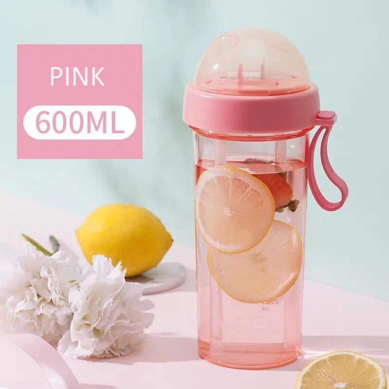 420/600ml Kawaii Double Straw Water Bottles Creative Lovers Drink Cup for Girls Portable Sports Plastic Water Bottle BPA Free - Цвет: PINK 600ML