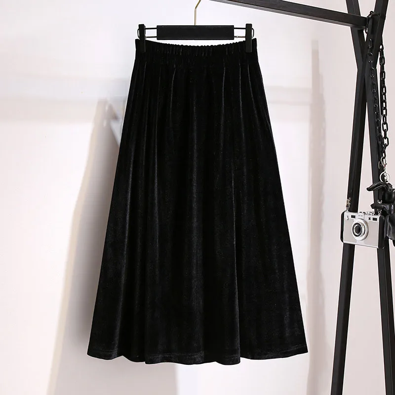 150Kg Plus Size Women\'s Autumn Loose Elastic Waist Velvet Skirt 5XL 6XL 7XL 8XL 9XL Solid Slim Casual A-line Female Skirt Black