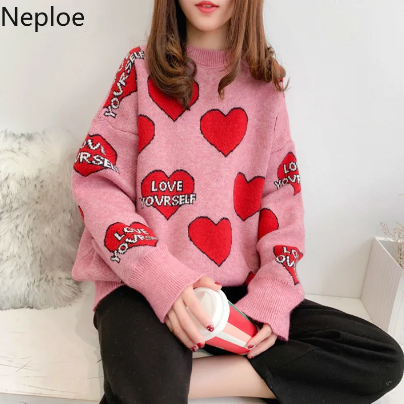 

Neploe Loose Crazy Style Lover Letter Sweater Fashion Patchwork Contrast Color O Neck Pullover Pull Femme Thick Sueter Jersey