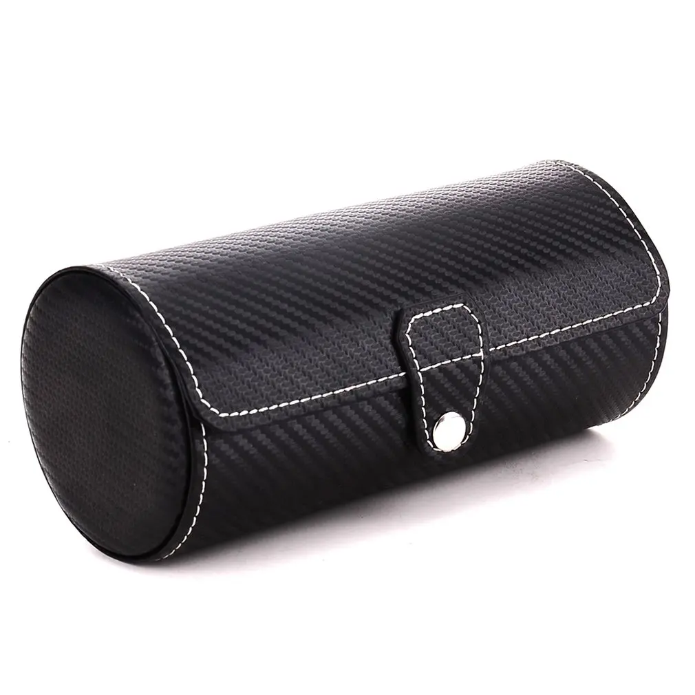 

3grids Watch box Carbon fiber pu Leather 3 Grid Jewelry Watch Display Storage Gift Boxes Cylinder Black