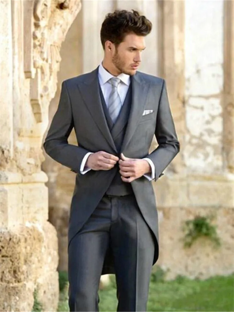 New Rushed Grey Wedding Suits For Mens 3 Pieces Slim Fit Men Suit Groomsmen For Peaked One Button Tailcoat (jacket+pants+vest)