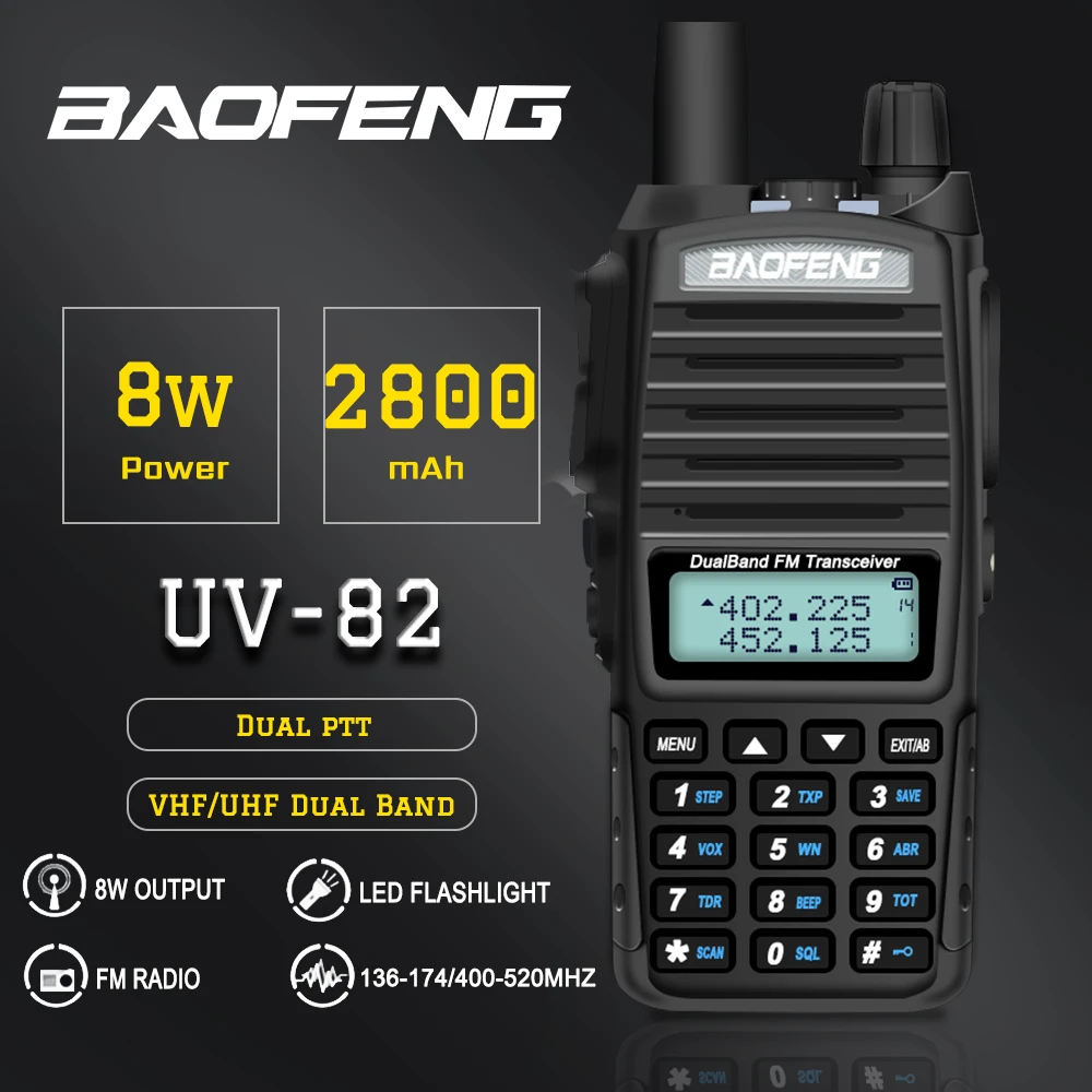 Baofeng UV 82 Walkie Talkie 8 Вт Dual PTT двухстороннее радио 2800 мАч Двухдиапазонный портативный