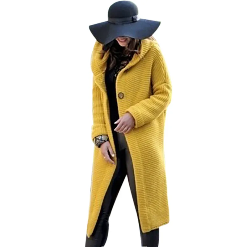 Теплый кардиган-пальто однотонный длинный свитер с капюшоном женский длинный рукав трикотажная куртка пальто плюс размер длинные свитера Топы