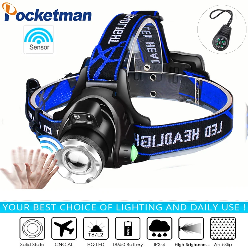 

super bright Led Headlamp L2/T6 Zoomable Headlight Head Torch Flashlight Head lamp by 18650 battery for Fishing Hunting Climbing