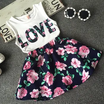 

2-7T Summer Baby Girls 2pcs Set Girl Love Printed T-shirt+Floral Skirt Children Suit Kids Clothes Set