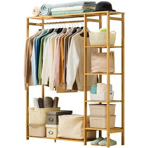 Bamboo Wood Clothing Garment Rack with Shelves Clothes Hanging Rack Stand for Child Kids Adults Cloth Shoe Coat Storage Organize - Image 4