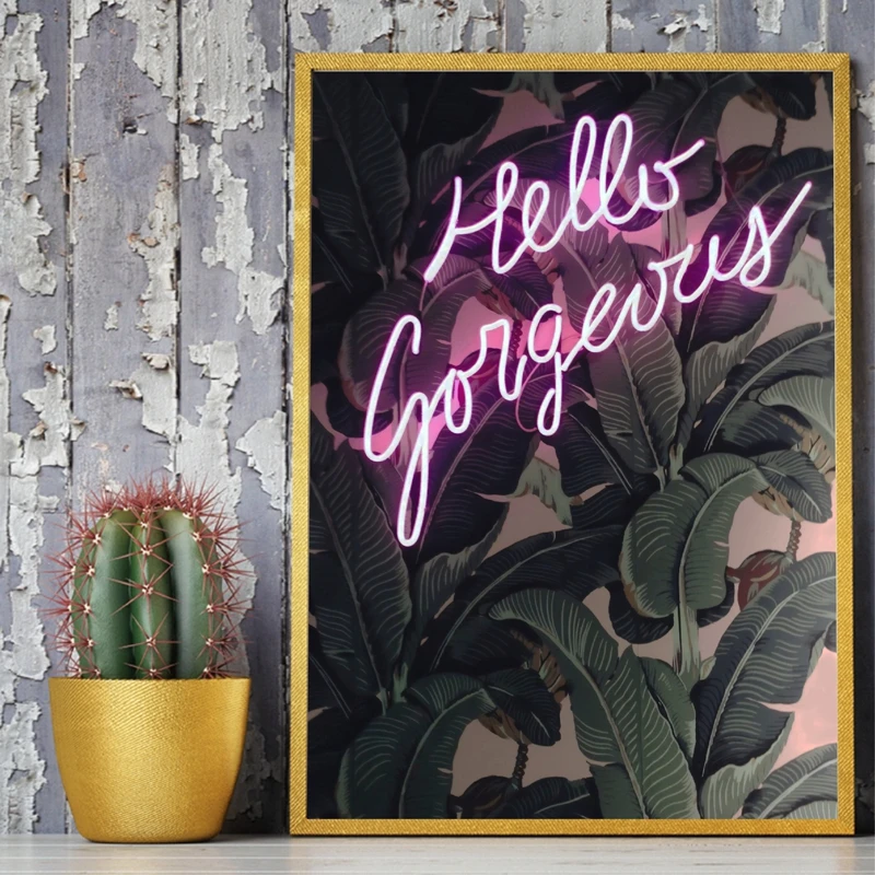 Hello-Gorgeous-Neon-Sign-with-Banana-Leaves-Print-Neon-Wall-Art-Picture-Canvas-Painting-Botanical-Picture
