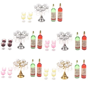 

New 1 Set Delicate Miniature Dollhouse Bar Counter Mini Wine Bottle Champagne Glass Holder Rack Play Kitchen Furniture