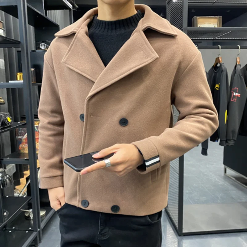 Popular Autumn and Winter Wool Blend Men's Coat Korean Windbreaker Loose Short Casual Men's Jacket Social Solid Black Men's Coat