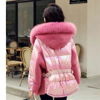 

Korean Loose 2020 Big Fur Collar Cotton Padded Jacket Women Belt Hooded Warm Coat Fashion Warm Winter Patchwork Outerwear L170