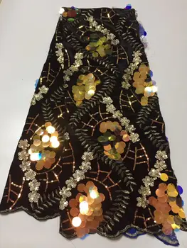 

New Gold Colorful Velvet Lace Fabrics Nigerian Sequence Lace Fabrics African Tulle Lace Sequins Lace Fabric for Wedding Dress