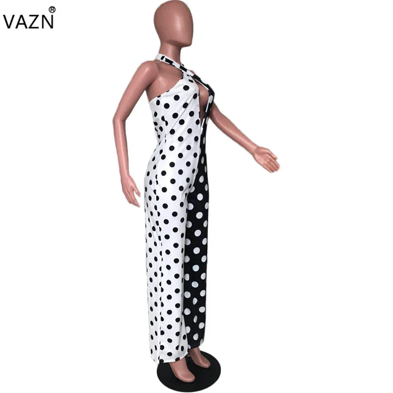 VAZN OJS9128 сексуальный открытый мода белый черный горошек лоскутное Холтер шифоновый с открытыми плечами кружева широкие ноги комбинезон для женщин