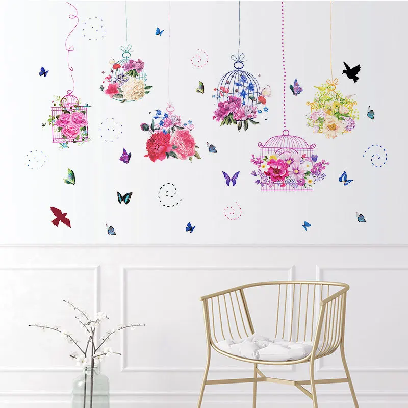 

Pastoral Style Butterfly Flower Bird Cage Wall Sticker Living Room Bedroom Decorations Wallpaper Mural Removable Stickers