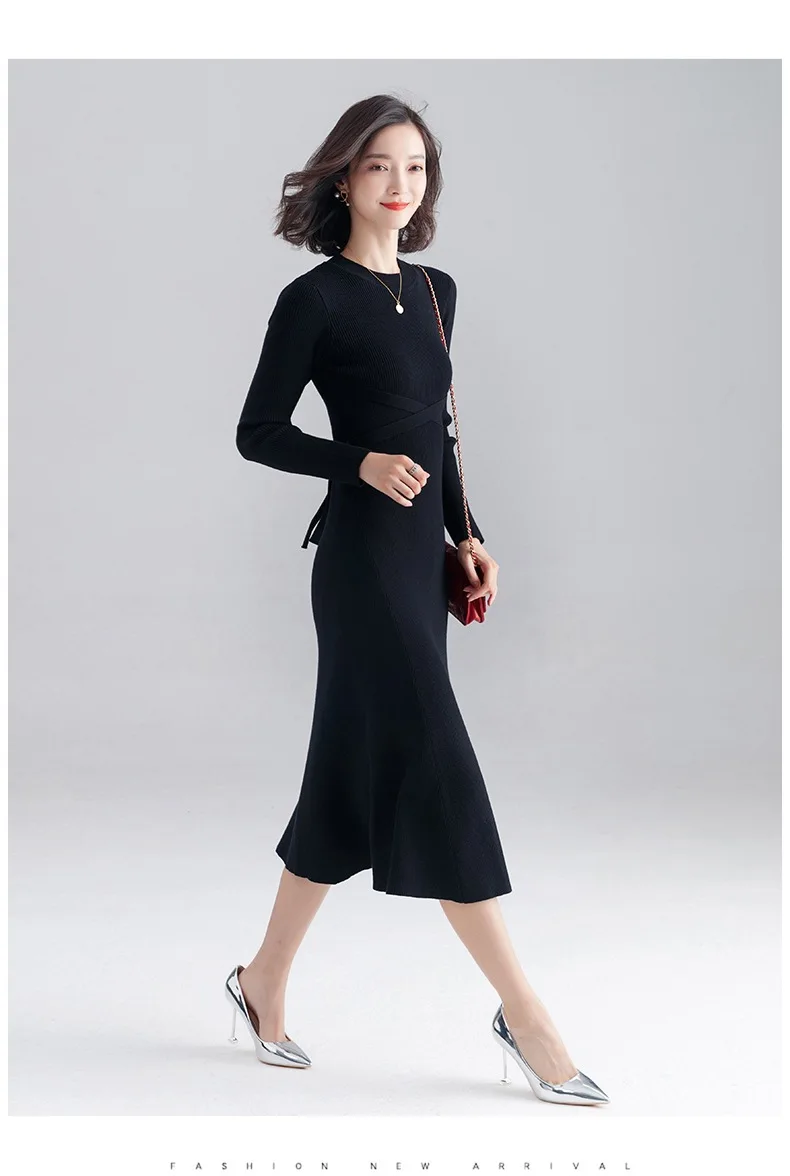 INNASOFAN knitted dress women Autumn Winter long-sleeved dress Euro-American fashion chic dress solid color