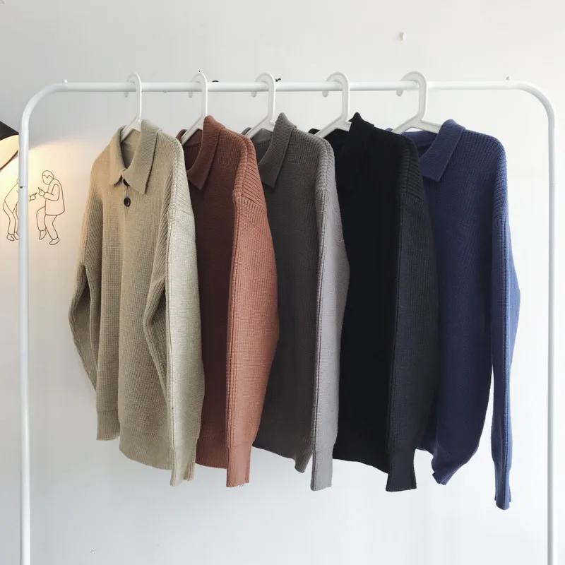 Lapel Winter Sweater Men's Warm Fashion Solid Color Casual Knit Sweater Man Wild Loose Long-sleeved Pullover Male Clothes
