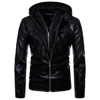 

Fashion Mens Motorcycle Pu Leather Jackets Black Hooded Male Faux Leather Coats Casual Mens Leather Jacket High Quality Faux Fur