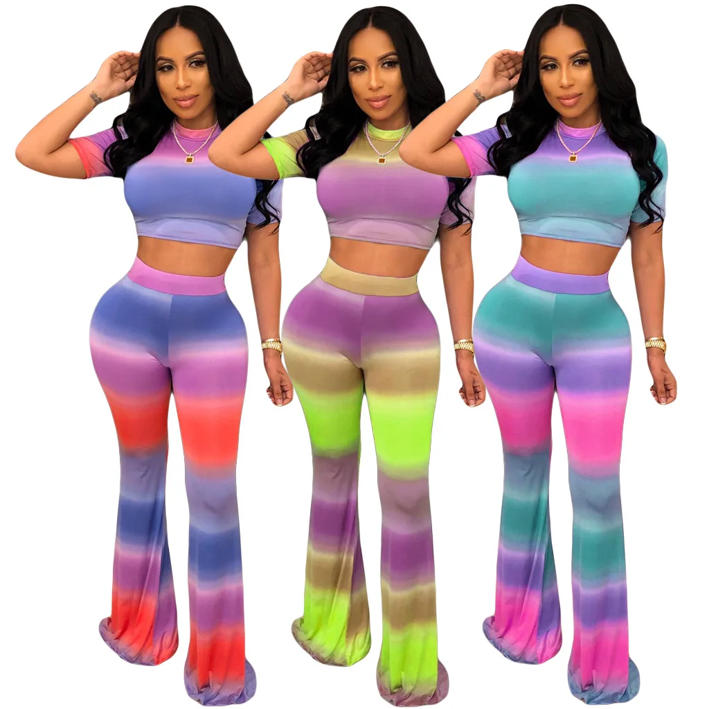 

2019 New Women Summer Tie-dye Gradient Striped Printed High Neck Round Neck & Long Pants Two Piece Suit Set Sports Tracksuit Out