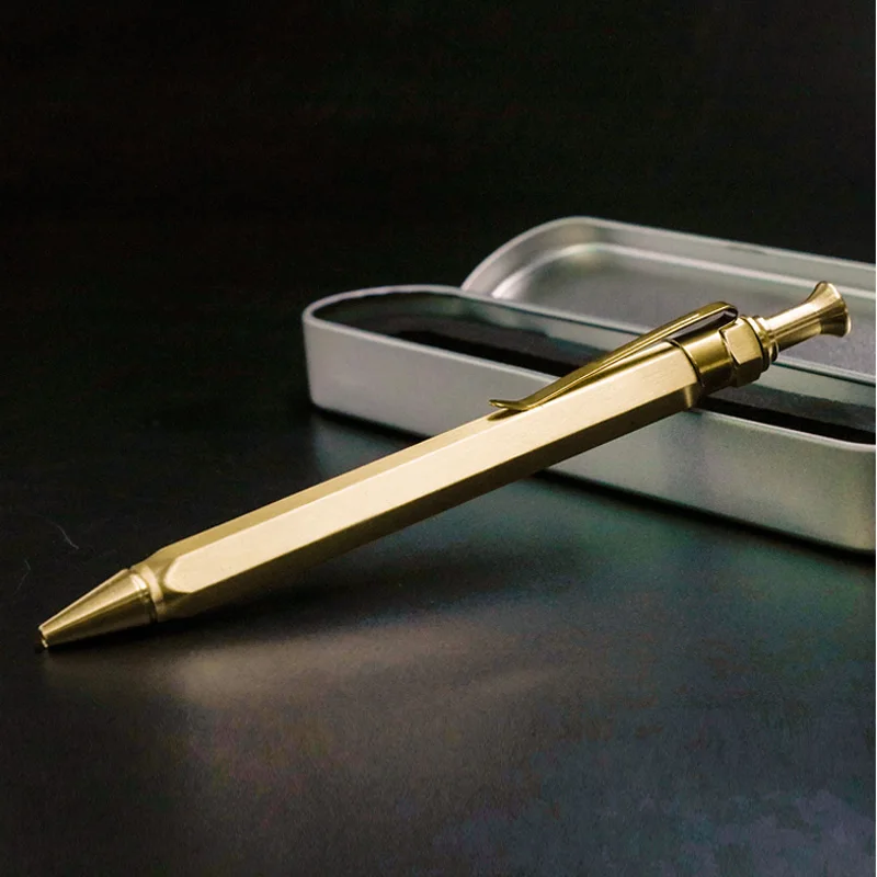 Yushun Роскошная латунная ручка с шестигранным дизайном, поворотная Выдвижная Шариковая ручка для офиса и школы, канцелярские принадлежности, подарочная коробка