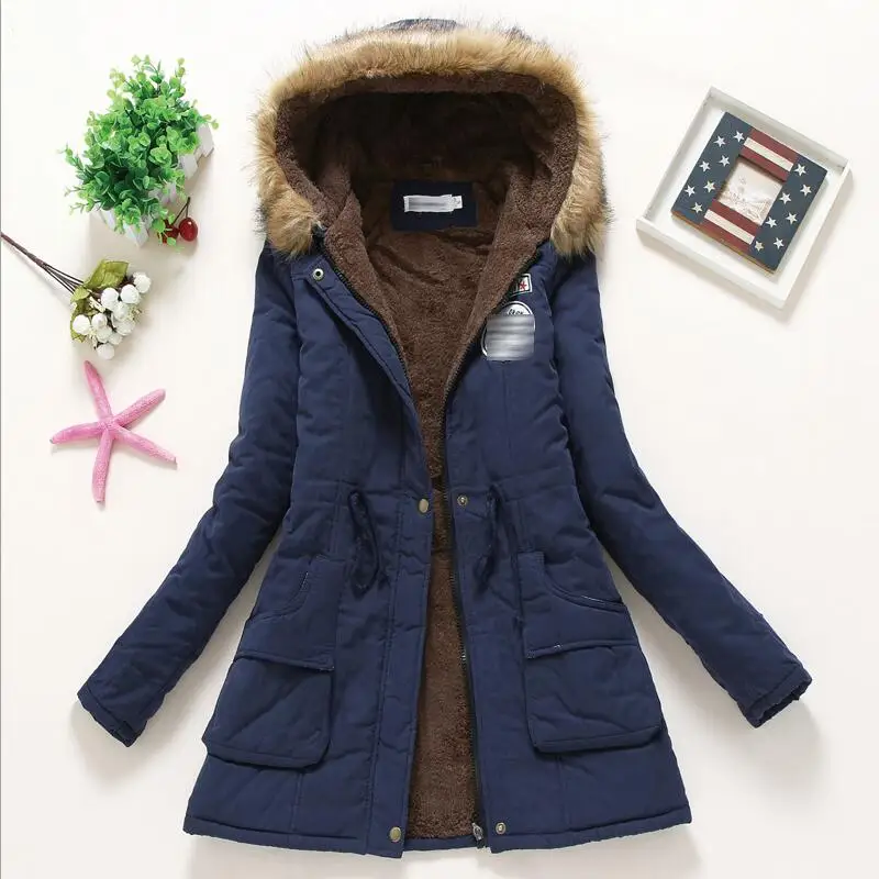 Navy Blue Женское зимнее теплое женское осеннее пальто с капюшоном из хлопка с мехом Плюс Размер Базовая куртка верхняя одежда тонкая Длинная женская Chaqueta - Цвет: Navy Blue