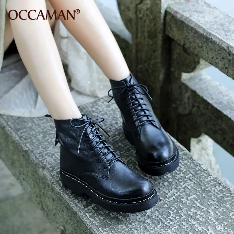 

OCCAMAN Genuine Leather Winter Female Platform Footwear Lace-up Low Flats Black Women Motorcycle Cowboy Boots 85253