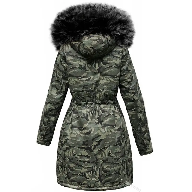 Куртка с хлопковой подкладкой, Камуфляжная парка, женские длинные пальто, зимние теплые толстые женские повседневные куртки с мехом в стиле милитари