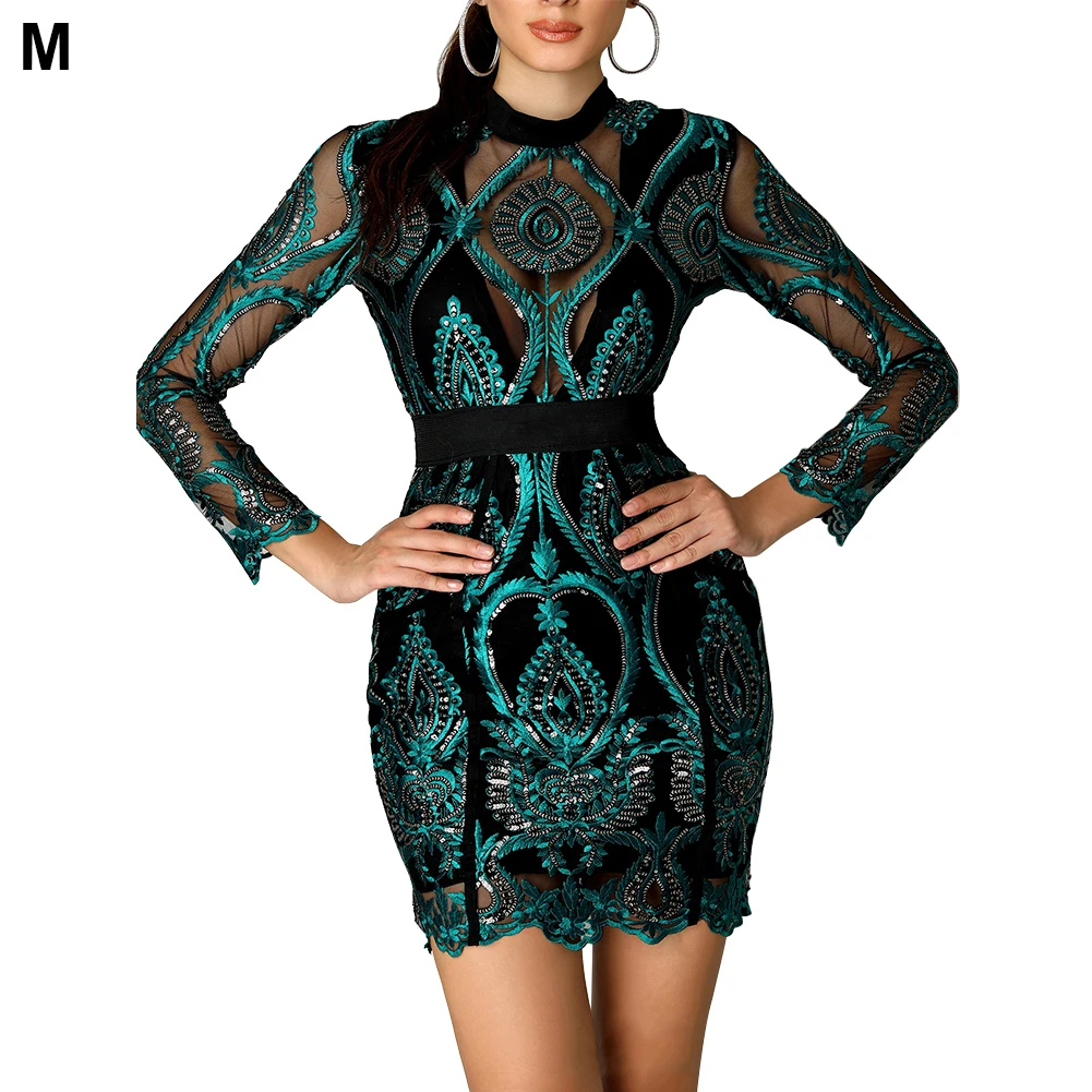 Summer Sequin Dress Long Sleeve SexyBodycon Slim Pencil Party Dress Mini embroidery Dresses For Female#734