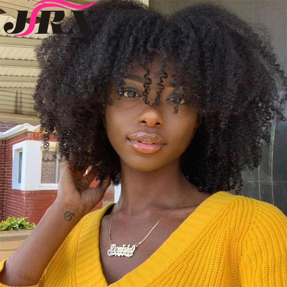 Mongolian Afro Kinky Curly Human Hair Wigs With Bangs Short Curly Brazilian Remy  Human Hair Machine Made Wigs For Women Glueless - Full Machine Wigs -  AliExpress