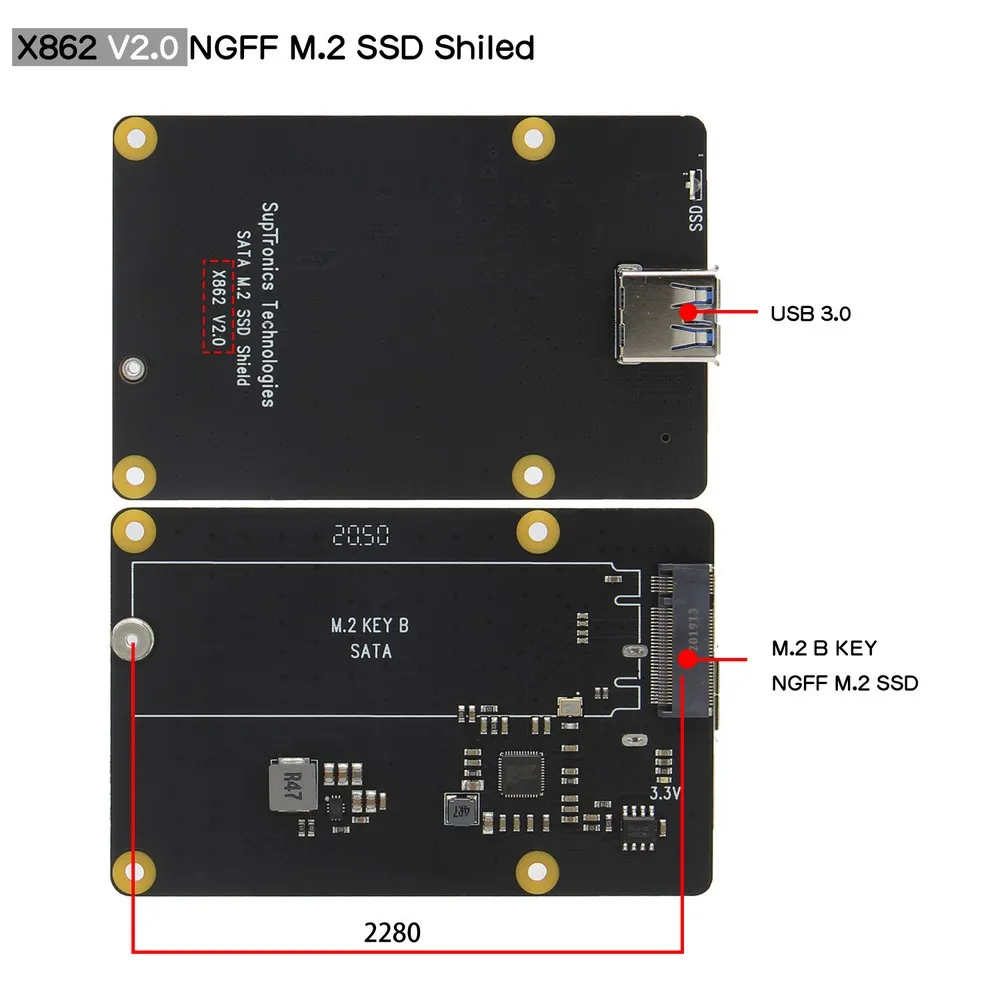Raspberry Pi X862 V2.0 M.2 NGFF 2280 SATA SSD Storage Expansion Board / Shield for Raspberry Pi 4 Model B