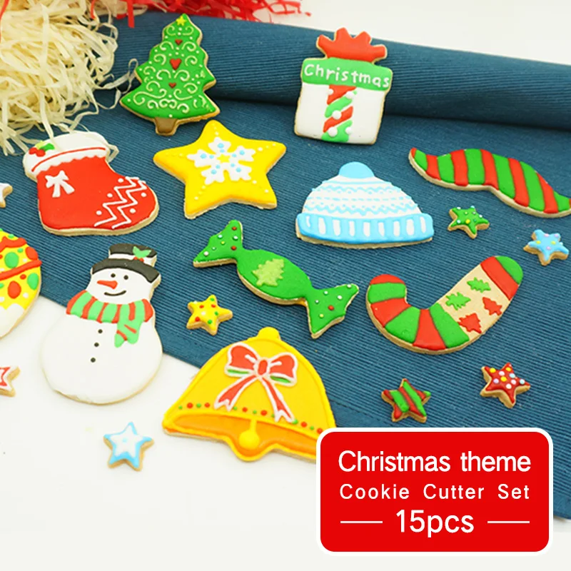 

Christmas Cookie Cutter Set - 15pcs -Cookie Tools Cutter Mould Biscuit Press Set Mold Cake Decorating for Holiday Birthday Party