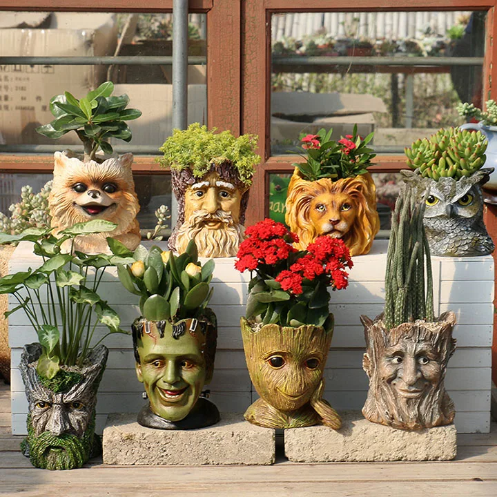 YeFine Vintage Imitation Old Man Head Flower Pot Container Garden Tree Man Figurine Planter Pot Desktop Home Decoration Gift