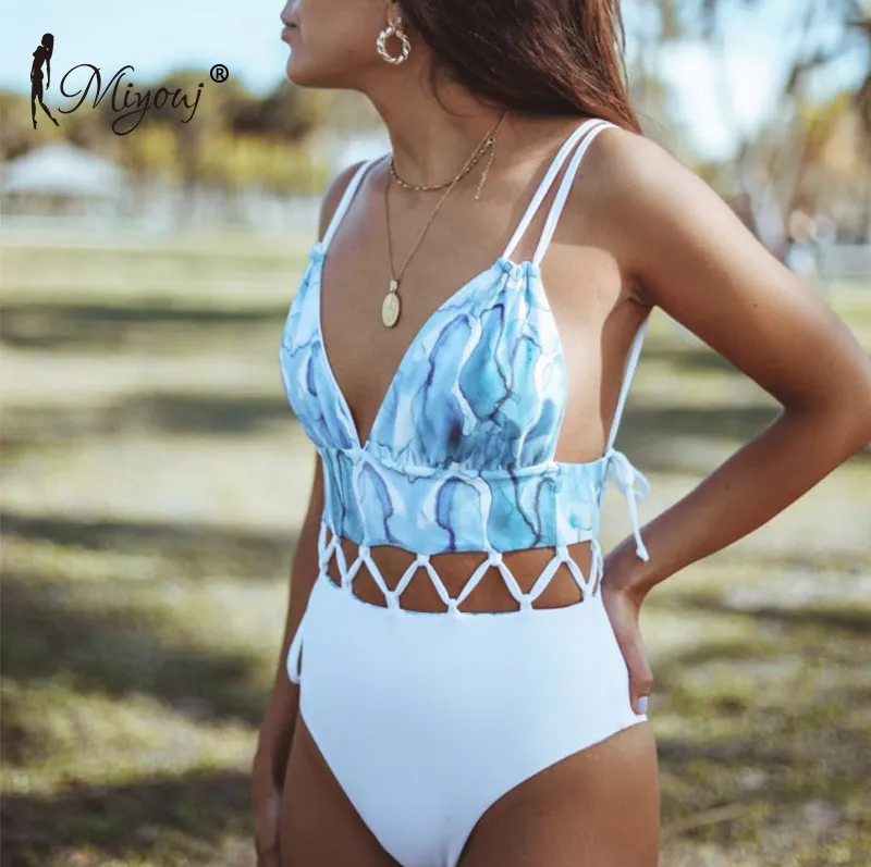 

High Waist Swimsuit 2020 Hollow Out Biquini Women Bathing Suit Deep V Neck Bikini Print Monokini String Swimwear One-Piece-Suits