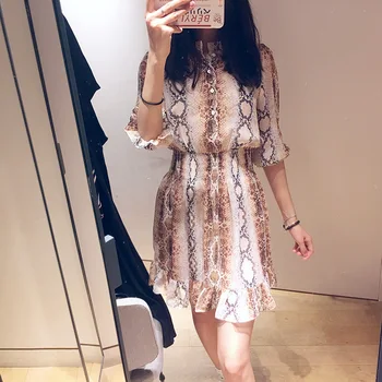 

Women mini Dress Slim Half-sleeve Snakeskin Short dress python Print mini Dress (2-piece include top and lining)