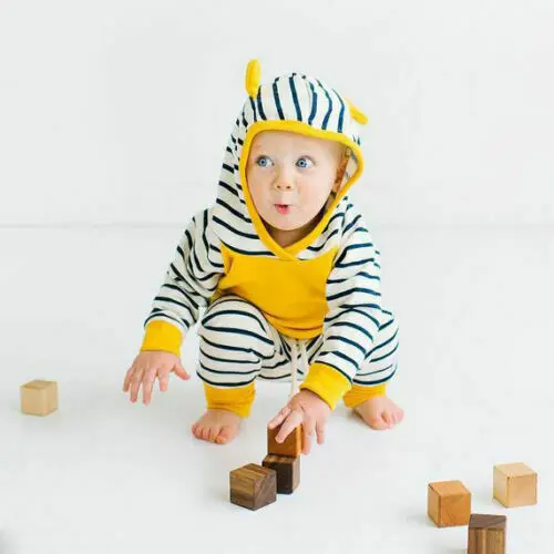 Комплект из 2 предметов; комбинезон для новорожденных мальчиков и девочек; толстовка с капюшоном; штаны в полоску; толстовка в полоску с длинными рукавами; осенняя одежда для малышей